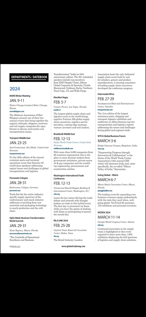 Global Trade Magazine - A calendar of global trade and logistics events for early 2024 including conferences in Chicago, Dubai, and Miami.