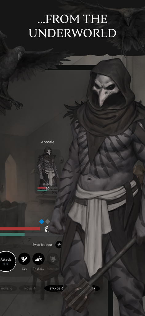 Eldrum: Black Dust - Text RPG - A muscular character called Apostle wearing a bird mask in a dark underworld setting with combat options on screen.