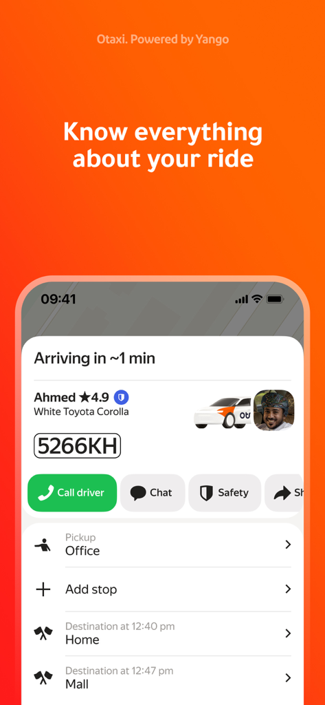 Oman Taxi: Otaxi - Otaxi mobile app interface showing driver name, rating, car details, and estimated arrival time.