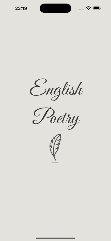 English Poetry Collection - Splash screen of the English Poetry app featuring an elegant cursive title and a feather quill icon on a minimalist background