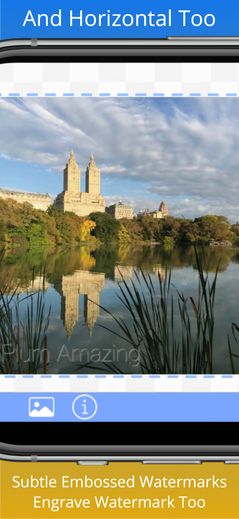 iWatermark+ Watermark Add Logo - iWatermark plus interface showing a landscape photo with a subtle embossed watermark and engraving feature