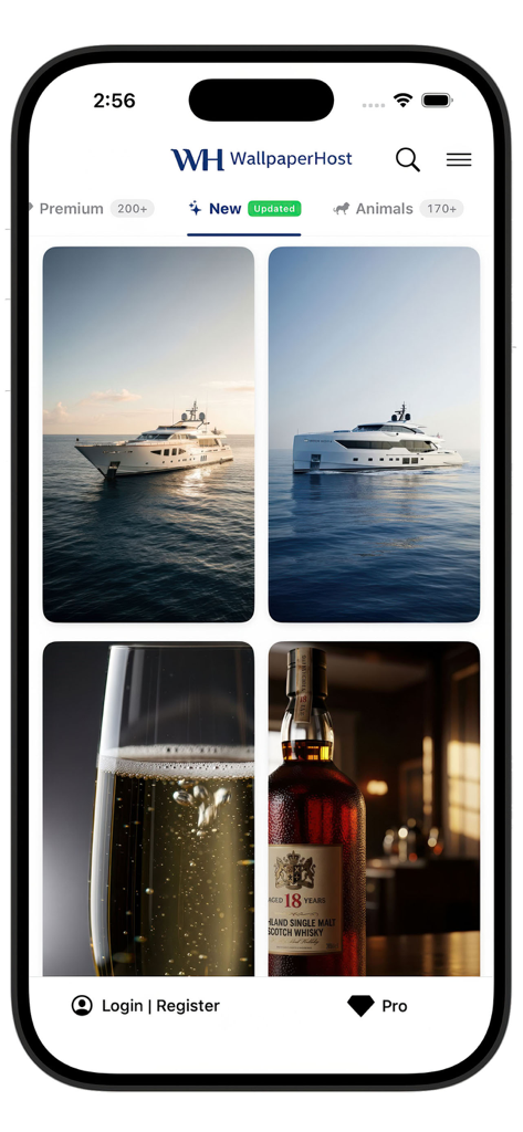 WallpaperHost: 4K Wallpapers - WallpaperHost app interface showing a grid of high resolution luxury wallpapers including yachts and premium drinks.
