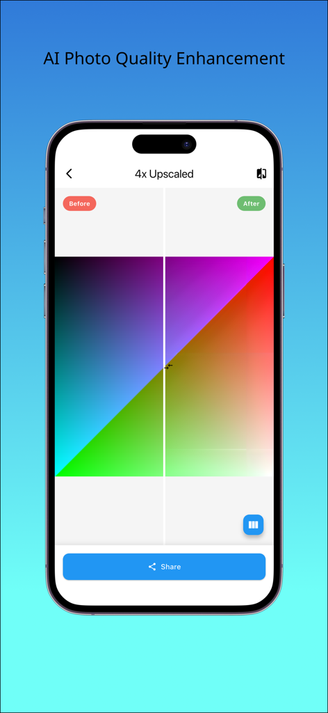 UpscaleAI - AI Image Upscaler - A mobile interface showing a before and after comparison of a 4x upscaled colorful gradient image using AI photo quality enhancement.