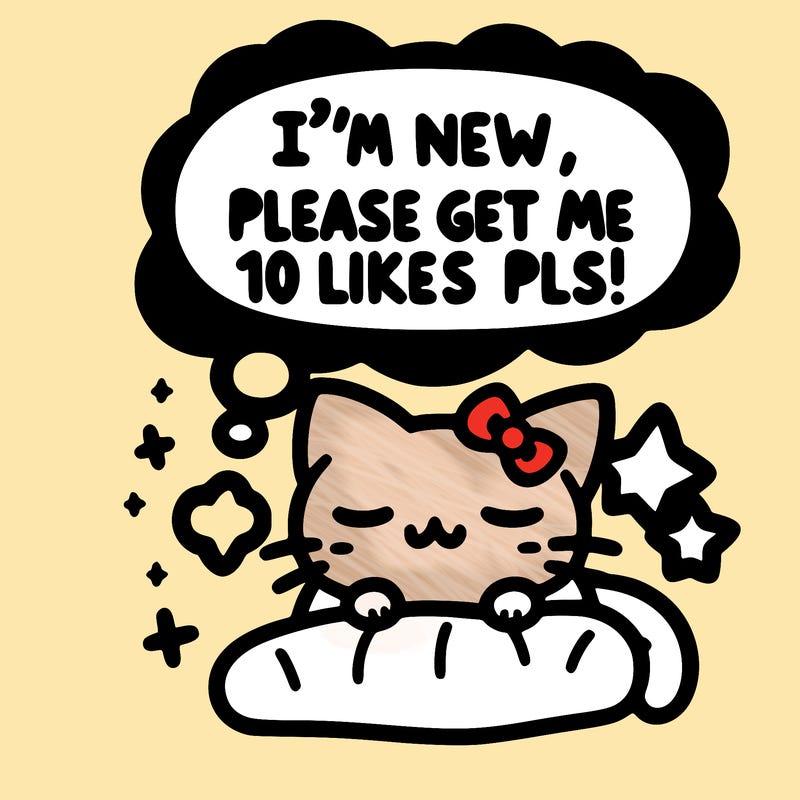 kitty taking a nap dream talking and saying "i'm new, please get me at least 10 likes pls!!"