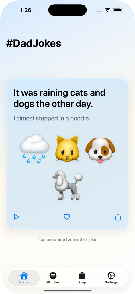 #DadJokes - DadJokesアプリのホーム画面。猫と犬が雨が降っていることわざと絵文字が表示されています。