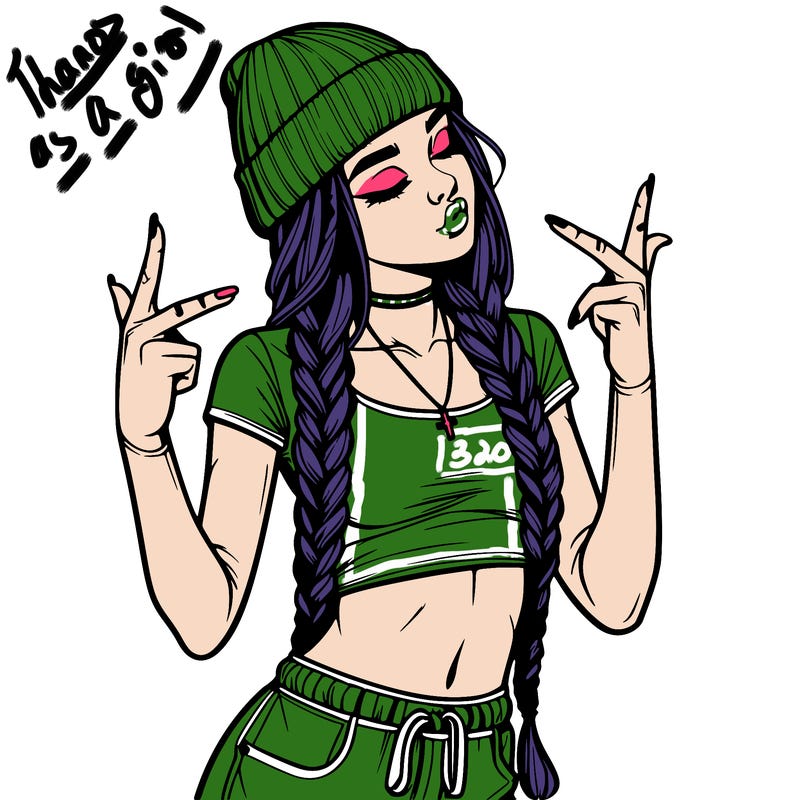 realistic teenage girl with braids and a beanie and crop top doing 🫶🏼