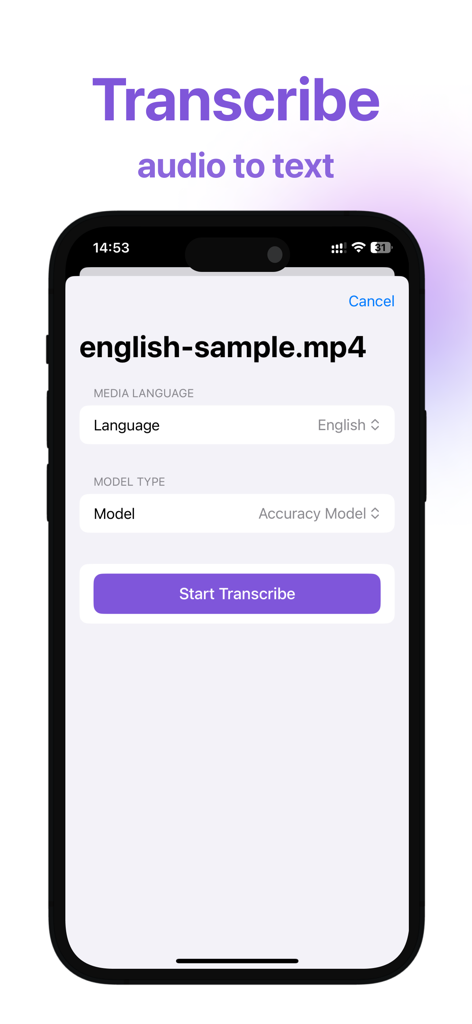 Mobile screen of YPlayer app demonstrating how to transcribe an English video file to text.