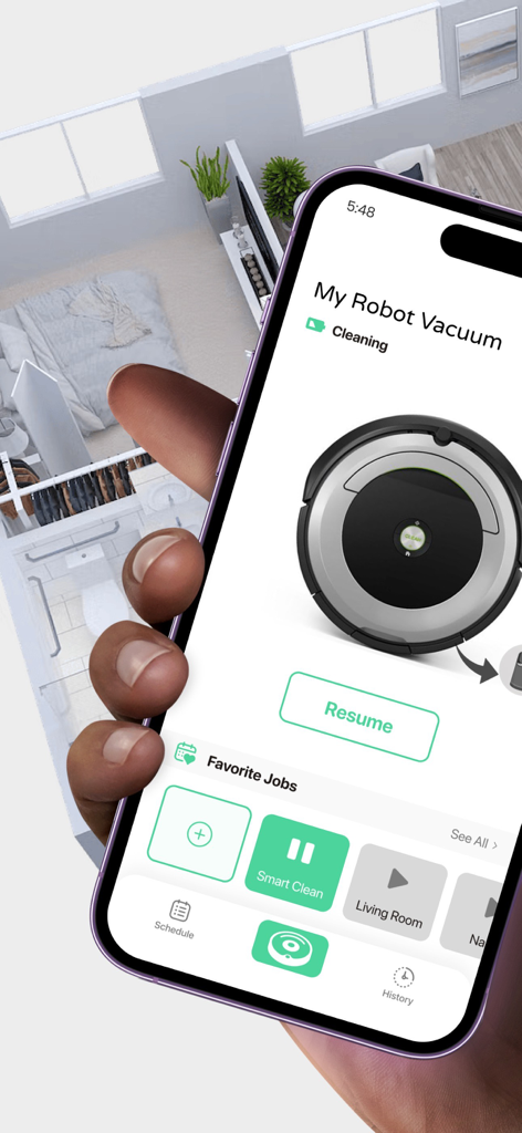 Robot Vacuum App - Robot Vacuum App home screen showing remote cleaning controls and a floor plan map background