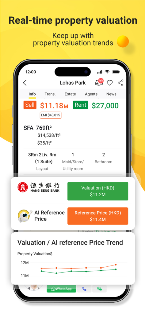 Capture d'écran de l'application Midland Realty montrant l'évaluation immobilière en temps réel et les tendances pour Lohas Park à Hong Kong.