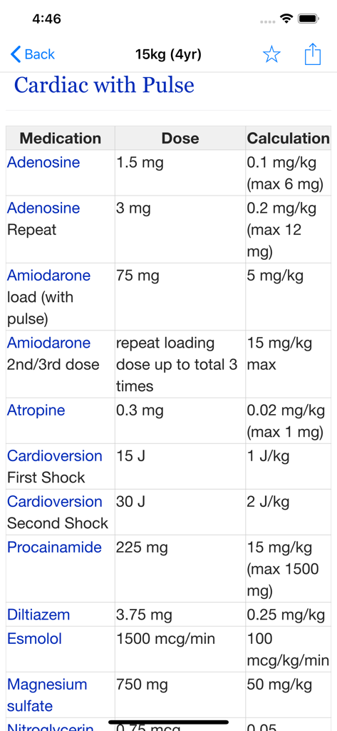 WikEM - A table in the WikEM app showing medication doses and calculations for a pediatric cardiac emergency for a 15kg child