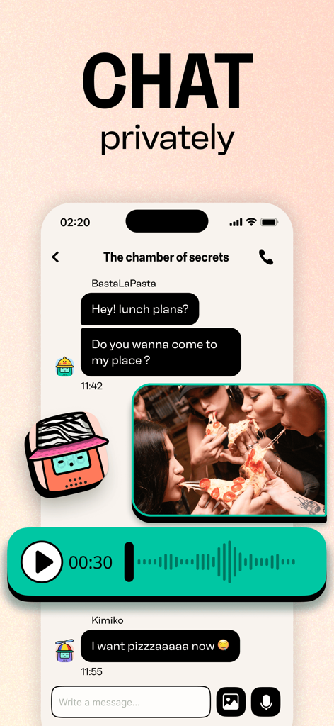 User interface of the Walkie Talkie app showing a private chat with text messages, a photo of friends eating pizza, and a voice message waveform.