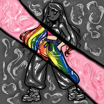 girl in baggy pants crop top and long hair