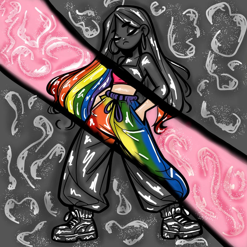 girl in baggy pants crop top and long hair