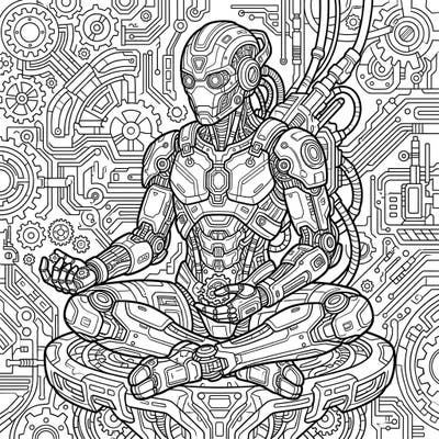 Immerse yourself in the futuristic serenity of this intricate robot and cyborg coloring page. Featuring a detailed mechanical being in a thoughtful pose, it's perfect for sci-fi enthusiasts and creative minds.