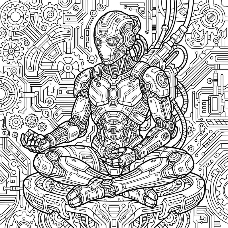 Immerse yourself in the futuristic serenity of this intricate robot and cyborg coloring page. Featuring a detailed mechanical being in a thoughtful pose, it's perfect for sci-fi enthusiasts and creative minds.