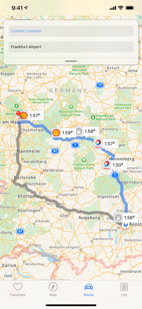 Navigation map displaying petrol prices at gas stations along a driving route