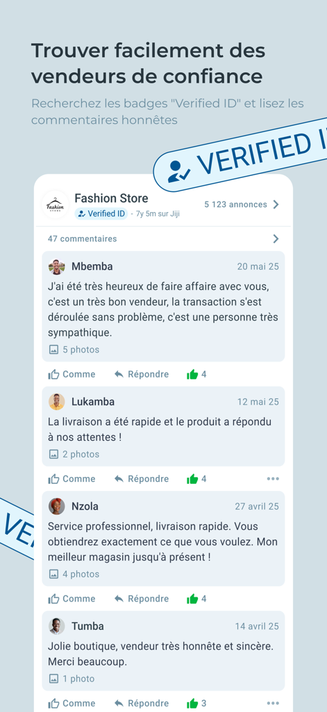 Screen showing customer reviews and verified seller profiles in the Jiji Congo app
