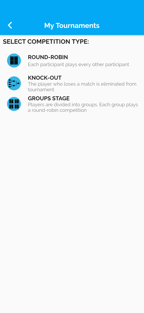 My Tournaments - ラウンドロビン、ノックアウト、グループステージを含むトーナメント競技タイプの選択画面