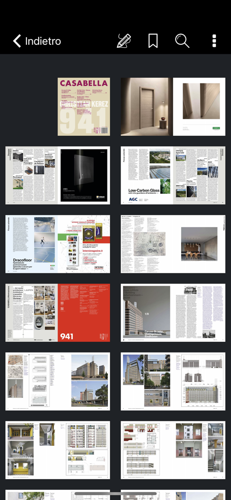Casabella - Una vista a griglia dell'app Casabella che mostra diverse pagine di riviste digitali con fotografia architettonica e planimetrie tecniche.
