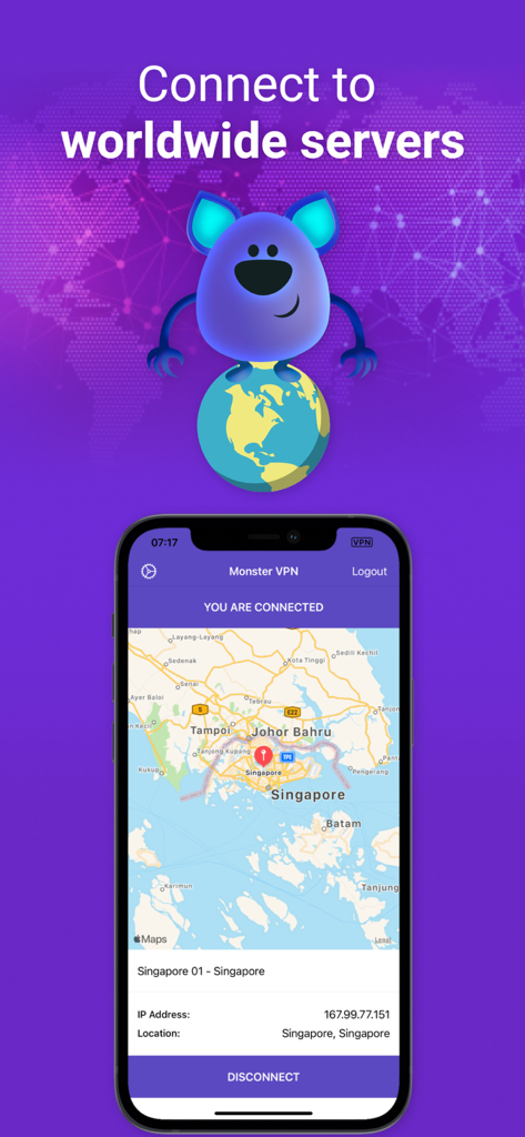Monster VPN app interface on an iPhone showing a connection to a Singapore server with a cartoon mascot on a globe.