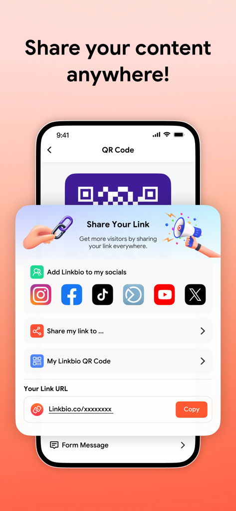 Linkbio - Link in Bio Builder - Mobile app interface of Linkbio showing various sharing options including social media icons and a QR code generator