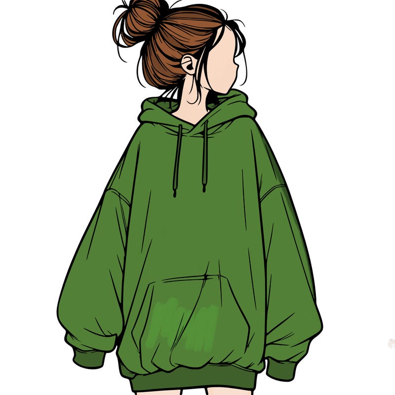 realistic girl with a oversized sweatshirt on and a bun