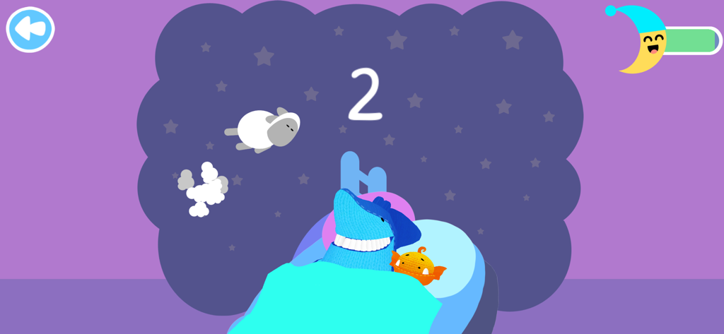 Moka Mera Lingua - Atlas the shark and Moka Mera in bed during the sheep counting minigame