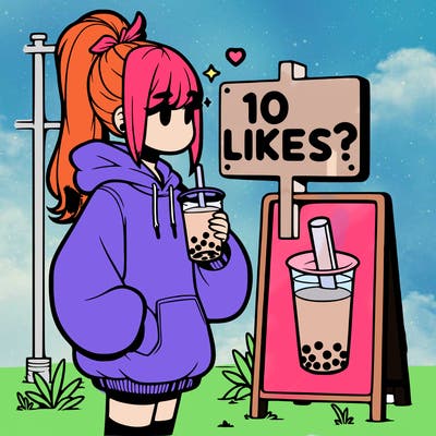 girl with oversized hoodie drinking boba and she has a high ponytail with a sign that says 10likes?