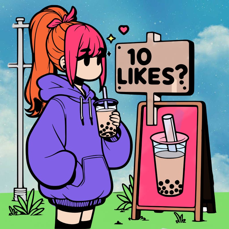 girl with oversized hoodie drinking boba and she has a high ponytail with a sign that says 10likes?