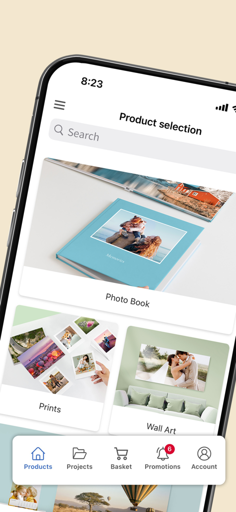 Saal Digital - Interface of Saal Digital app displaying options for custom photo books, prints, and wall art.