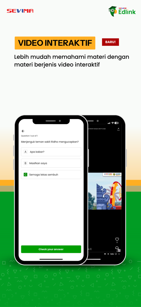 EdLink - EdLink mobile app interface showing an interactive video lesson and a multiple choice quiz question