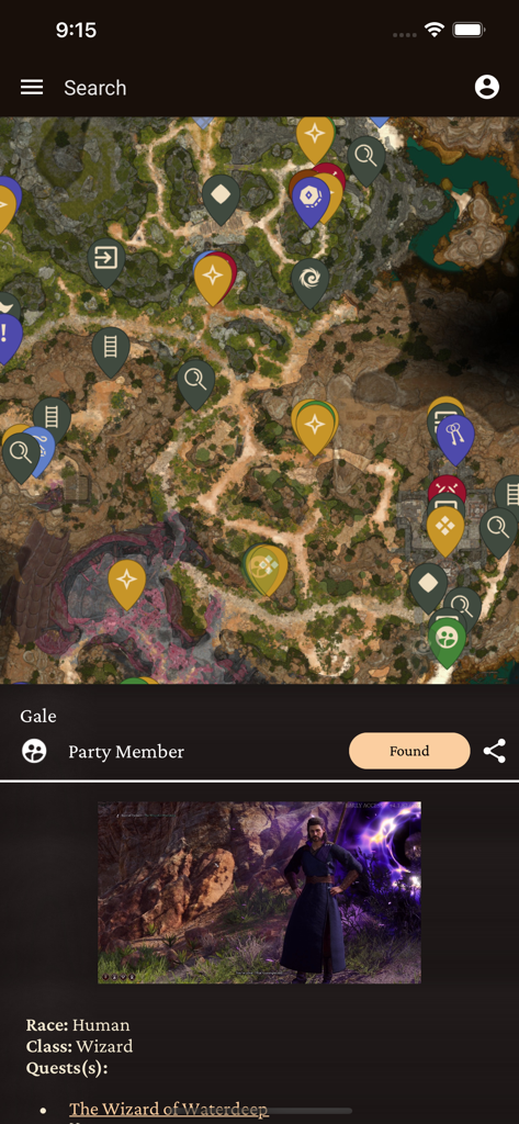 MapGenie: BG3 Map - Interface de l'application MapGenie BG3 montrant les détails du personnage de Gale et les emplacements de la carte du jeu