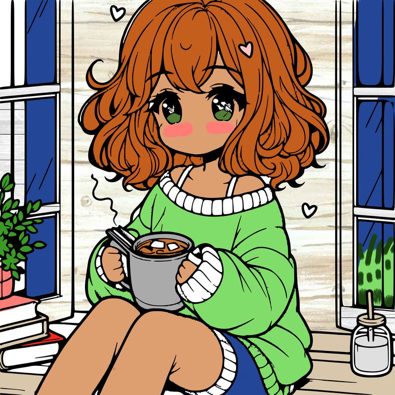 cute anime girl reading book and drinking hot chocolate from mug with loose wavy hair wearing a baggy sweatshirt and shorts sitting by windowsill looking out