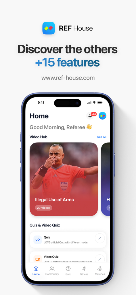 Ref House Org - Referees app - Ref House app dashboard featuring video training modules and rule quizzes for sports referees