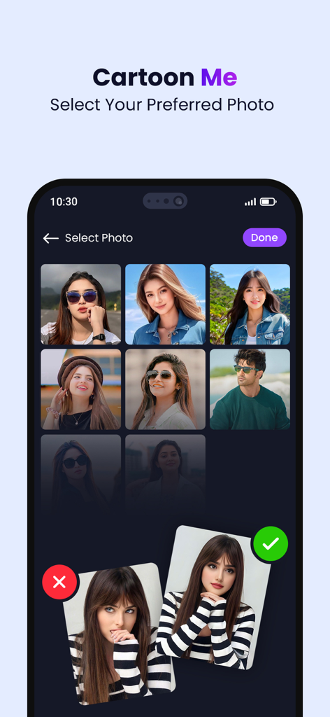 Interface de l'application CartoonMe pour sélectionner une photo à transformer en avatar cartoon