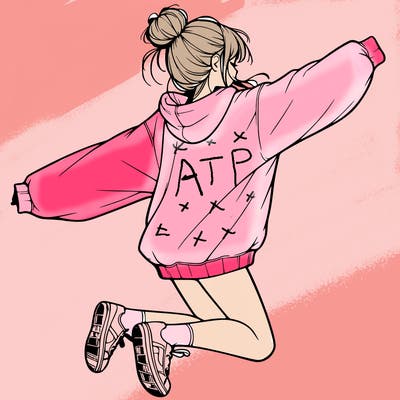 realistic girl jumping with a bun and oversized sweatshirt