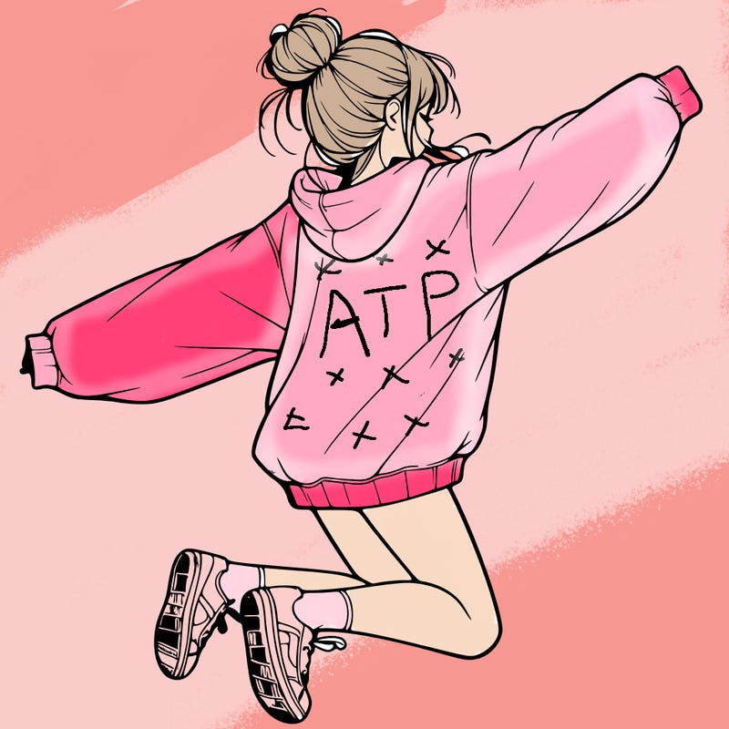 realistic girl jumping with a bun and oversized sweatshirt
