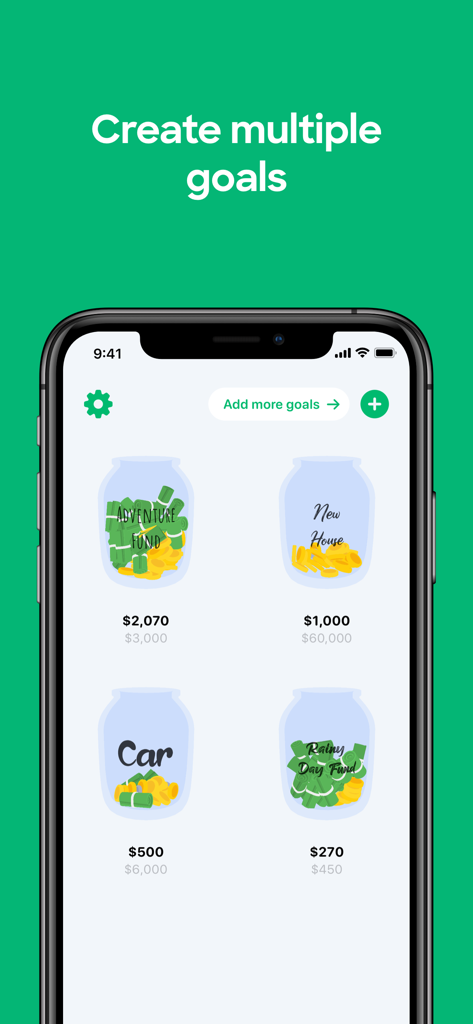 Interfaz de la aplicación rastreadora de ahorros Loot mostrando múltiples alcancías de metas personalizadas con progreso para un fondo de aventura, casa, coche y fondo de emergencia