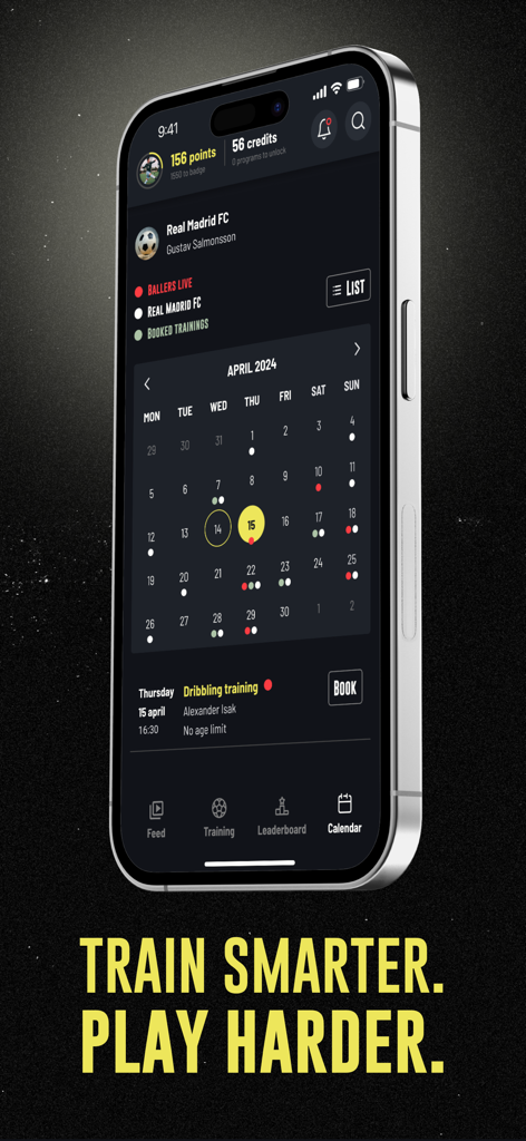 Ballers App interface displaying a monthly calendar for soccer training sessions and a booking button for dribbling drills.