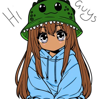 girl with anime shaped eyes with a dinosaur bucket hat oversized sweatshirt long straight hair
