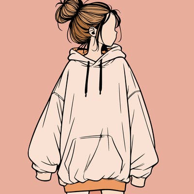 realistic girl with a oversized sweatshirt on and a bun