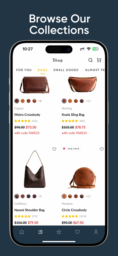 Portland Leather Goods - クロスボディバッグやショルダーバッグなど、星評価と価格が付いたハンドメイドのレザーバッグのコレクションを示すモバイルアプリ画面。