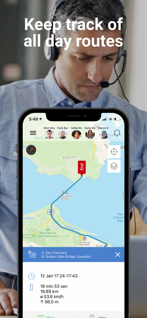 Hellotracks - GPS Locator - Hellotracks app interface displaying a GPS route on a map and trip analytics for field staff