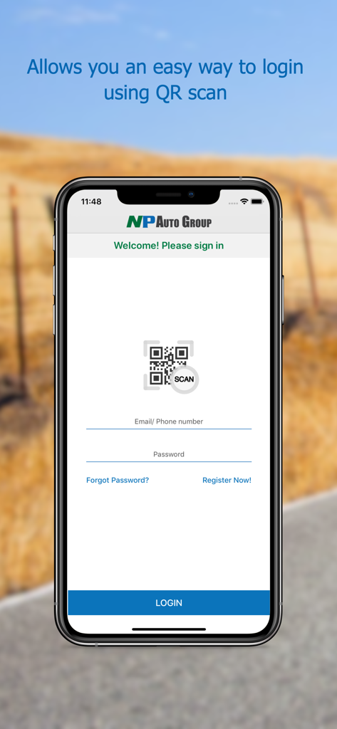 ASAP Rent - Login screen of the ASAP Rent app showing a QR code scan option and sign in fields for NP Auto Group staff