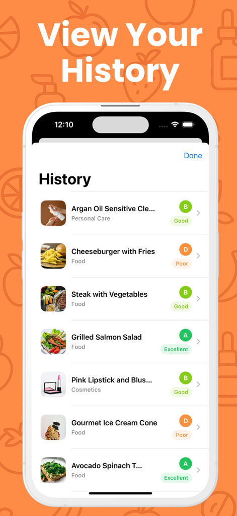 Food Checker Cosmetic Scanner - Smartphone screen displaying a history of scanned food and cosmetic products with health ratings