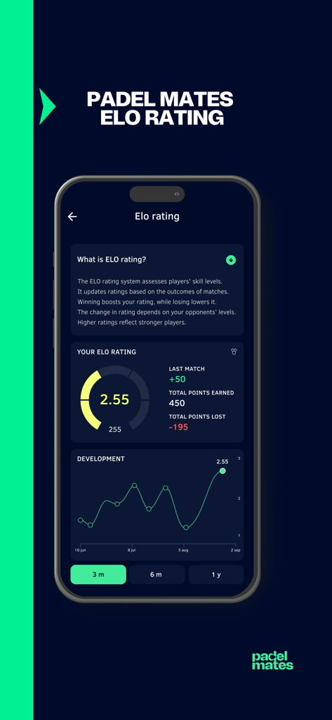 Padel Mates app showing player Elo rating and performance progress chart
