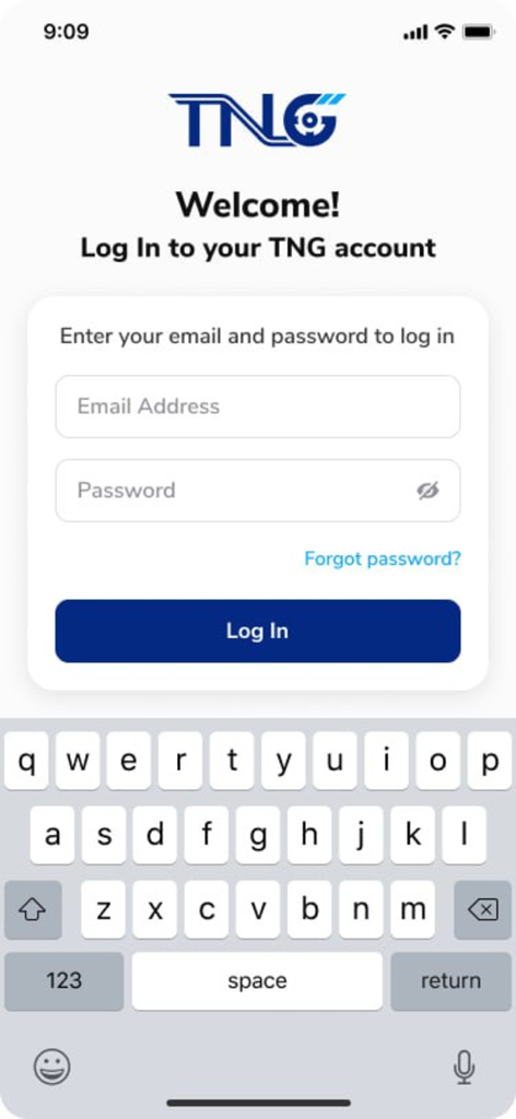 TNG Member - Anmeldebildschirm der TNG Mitglied App zeigt E-Mail- und Passwortfelder mit einer Bildschirmtastatur.