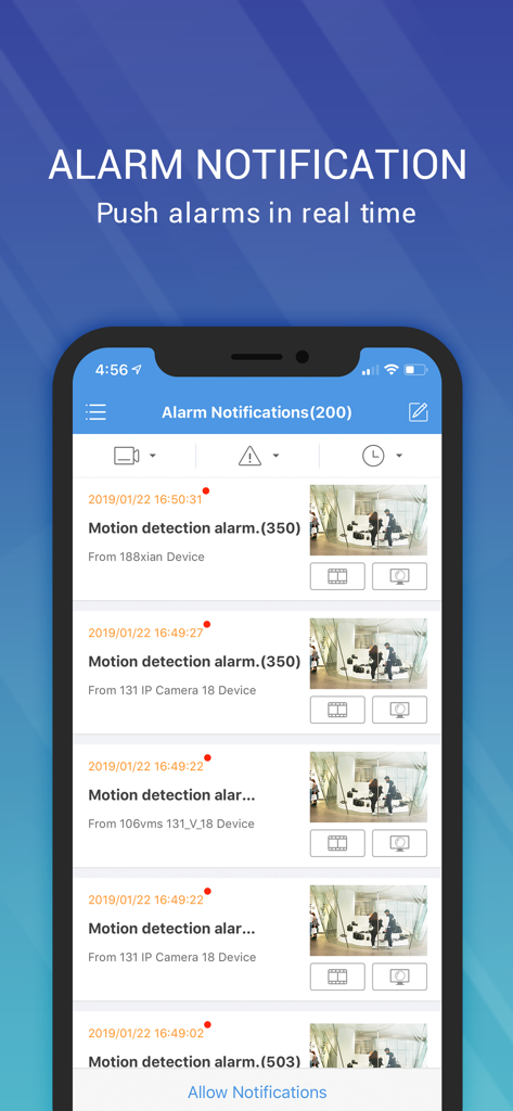 EZView UNV app interface showing real-time motion detection alarm notifications with video thumbnails