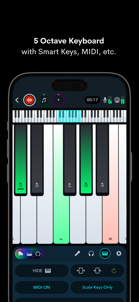 NaadSadhana | Sing Play Record - iPhoneでスマートキーとMIDIサポートを備えた5オクターブのキーボードインターフェースを表示するNaadSadhanaアプリ。