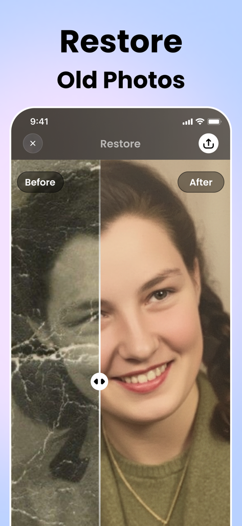 Sharpen Old Photos Enhancer AI - AI 강화 기능을 사용하여 복원 및 색상 복원된 오래된 사진의 보정 전후 비교